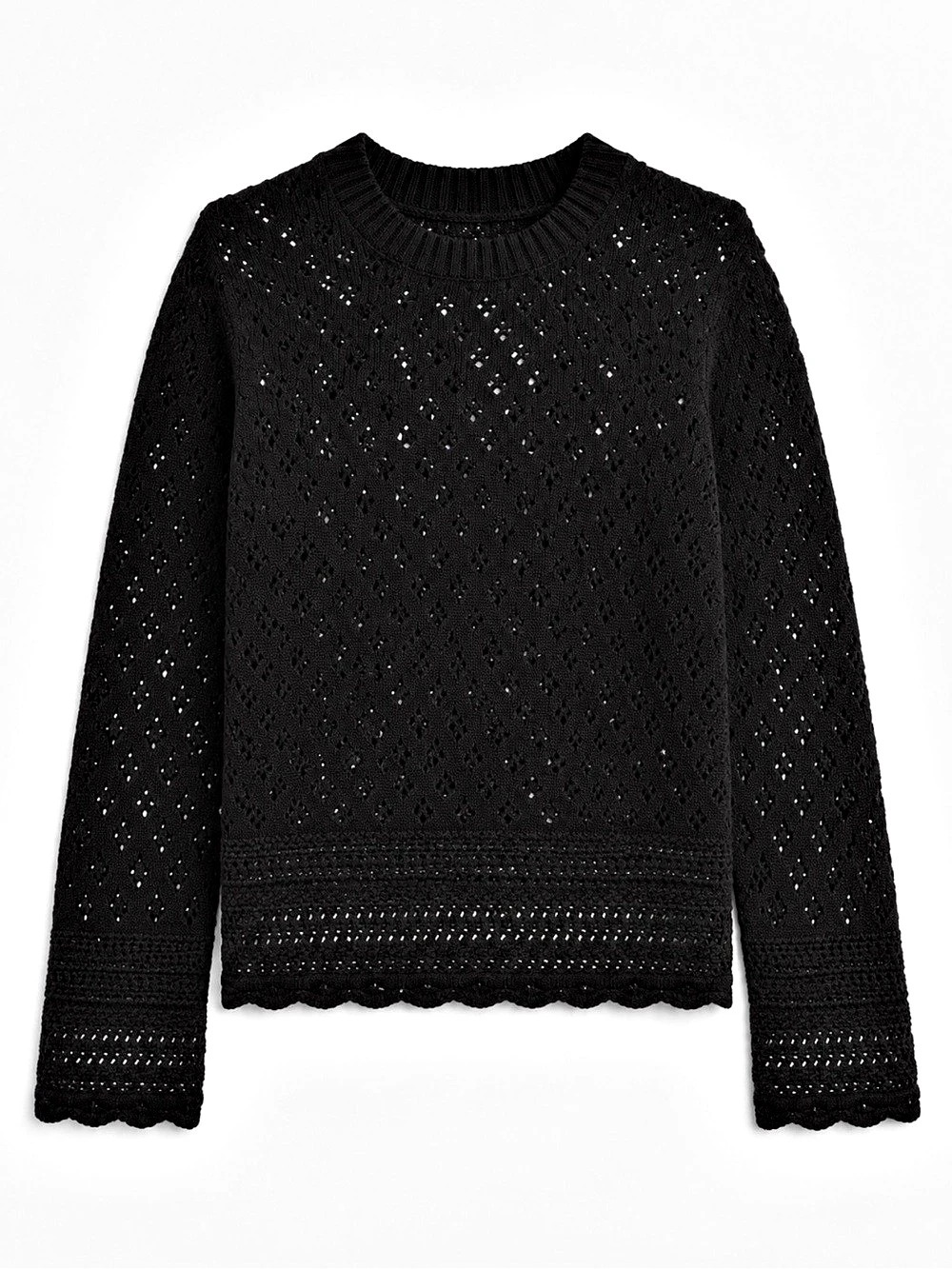 GAP Black Pointelle Cotton Sweater Scalloped Hem Size M NWT